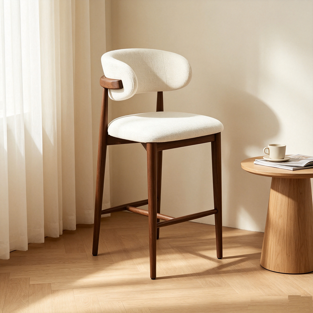F26002-Cream Fabric Upholstered Wooden High Bar Chair